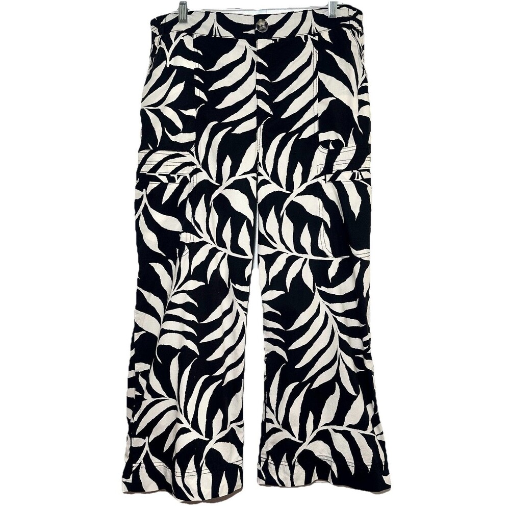 Democracy AB Solution Black White Tropical Leaf Crop Cargo Pants 12